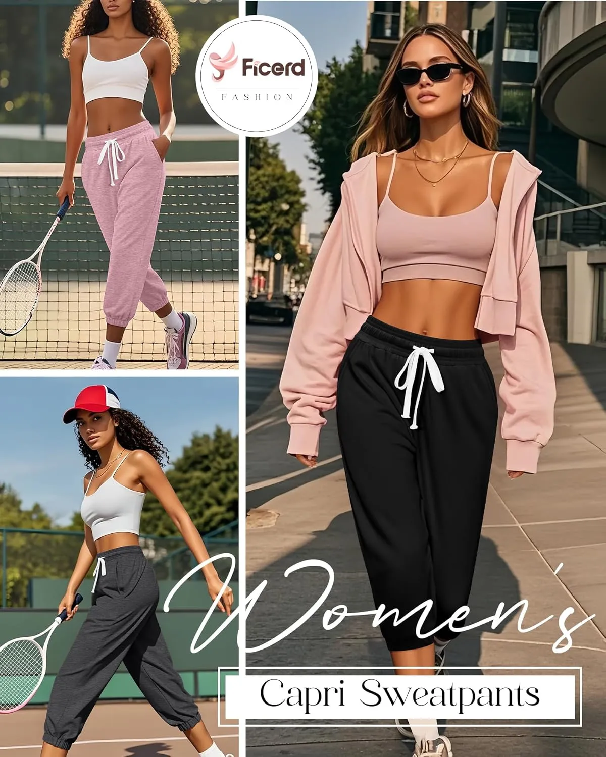 Ficerd 3 Pcs Women's Capri Sweatpants Joggers Summer Casual Sports Cropped Lounge Pants High Waisted Athletic with Pockets