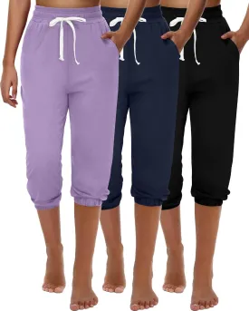 Ficerd 3 Pcs Women's Capri Sweatpants Joggers Summer Casual Sports Cropped Lounge Pants High Waisted Athletic with Pockets