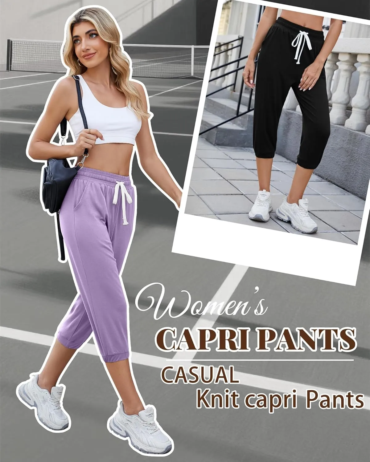 Ficerd 3 Pcs Women's Capri Sweatpants Joggers Summer Casual Sports Cropped Lounge Pants High Waisted Athletic with Pockets