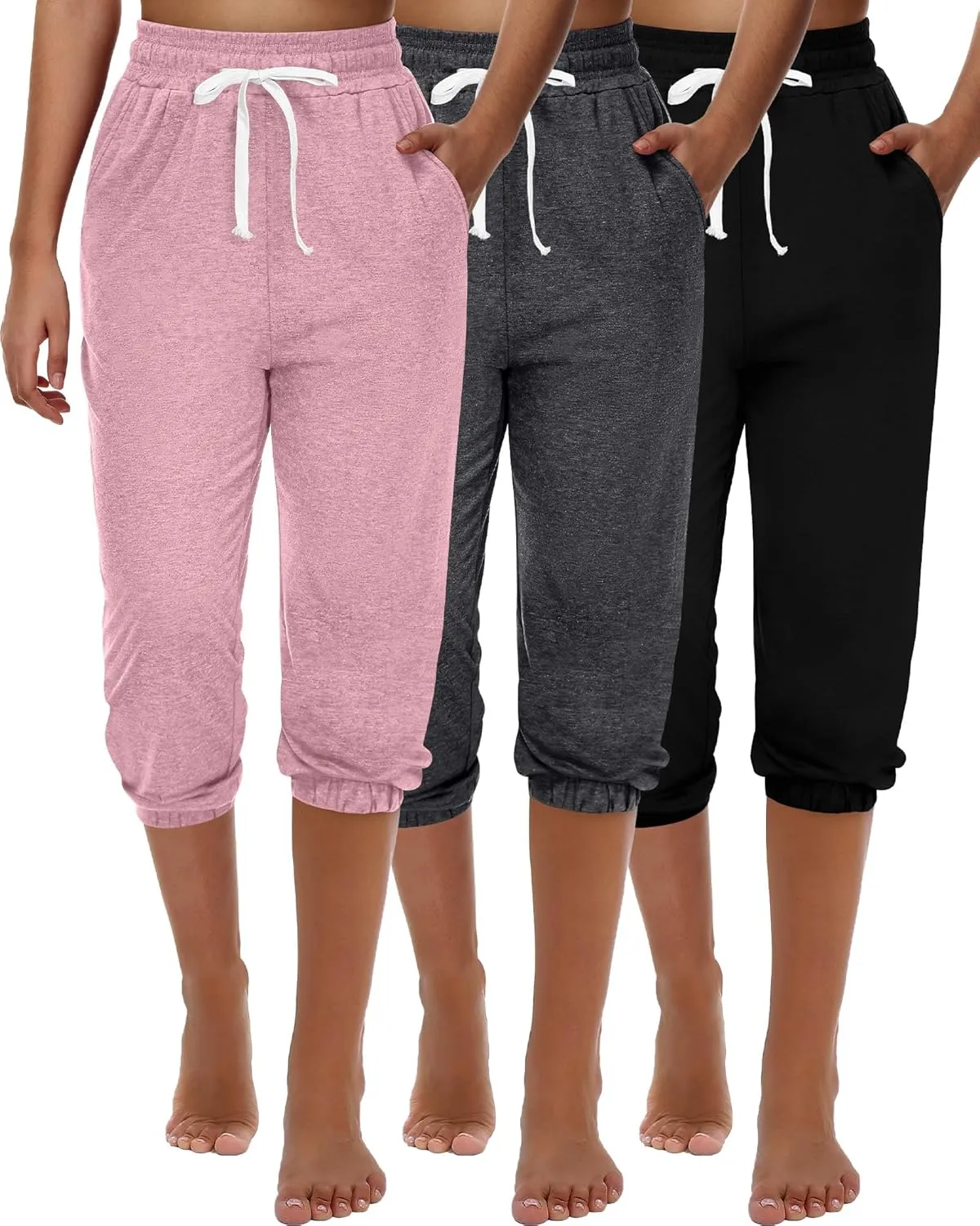 Ficerd 3 Pcs Women's Capri Sweatpants Joggers Summer Casual Sports Cropped Lounge Pants High Waisted Athletic with Pockets