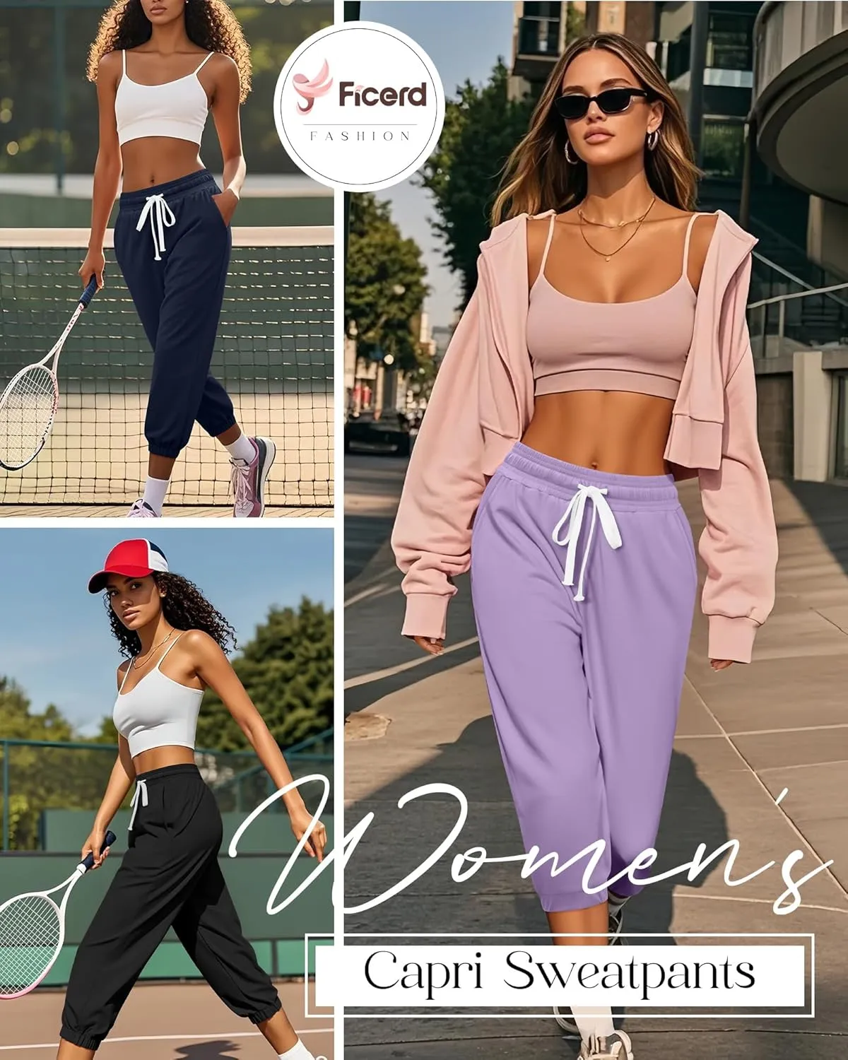 Ficerd 3 Pcs Women's Capri Sweatpants Joggers Summer Casual Sports Cropped Lounge Pants High Waisted Athletic with Pockets