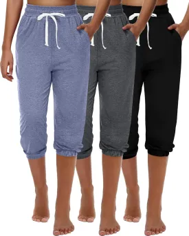 Ficerd 3 Pcs Women's Capri Sweatpants Joggers Summer Casual Sports Cropped Lounge Pants High Waisted Athletic with Pockets