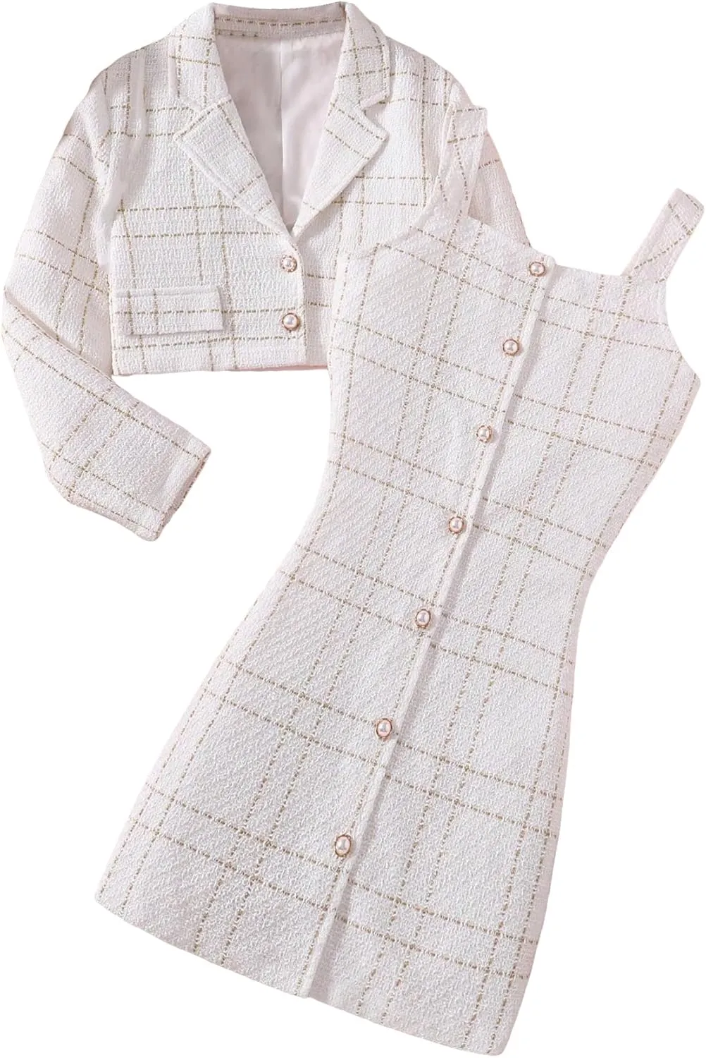 Floerns Girl's Plaid Long Sleeve Button Front Tweed Blazer with Cami Dress Set