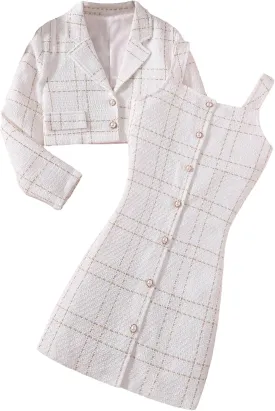 Floerns Girl's Plaid Long Sleeve Button Front Tweed Blazer with Cami Dress Set
