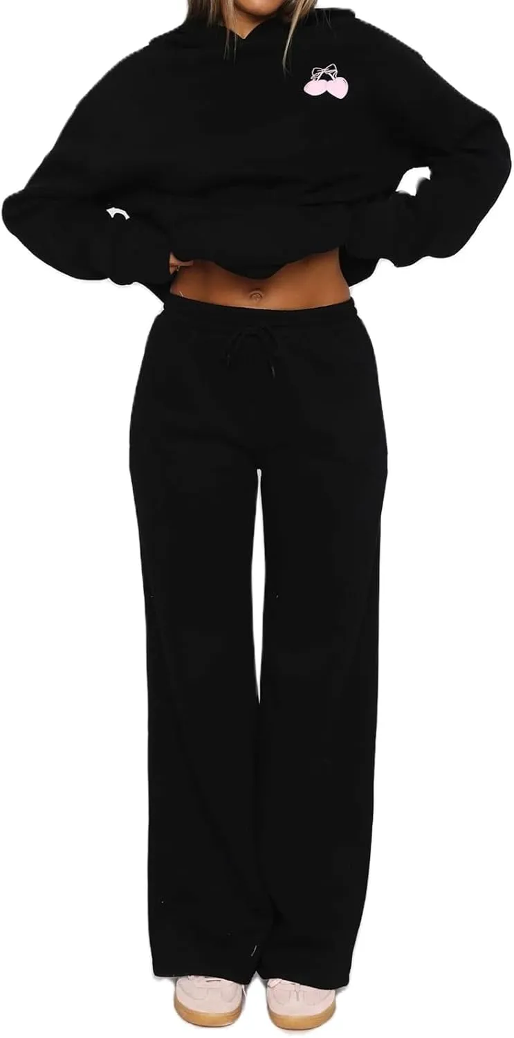 FOMOYUU Women's 2 Piece Outfits Bow Print Hoodie Wide Leg Sweatpants Sweatsuit Sets Oversized Sweatshirt With Pockets