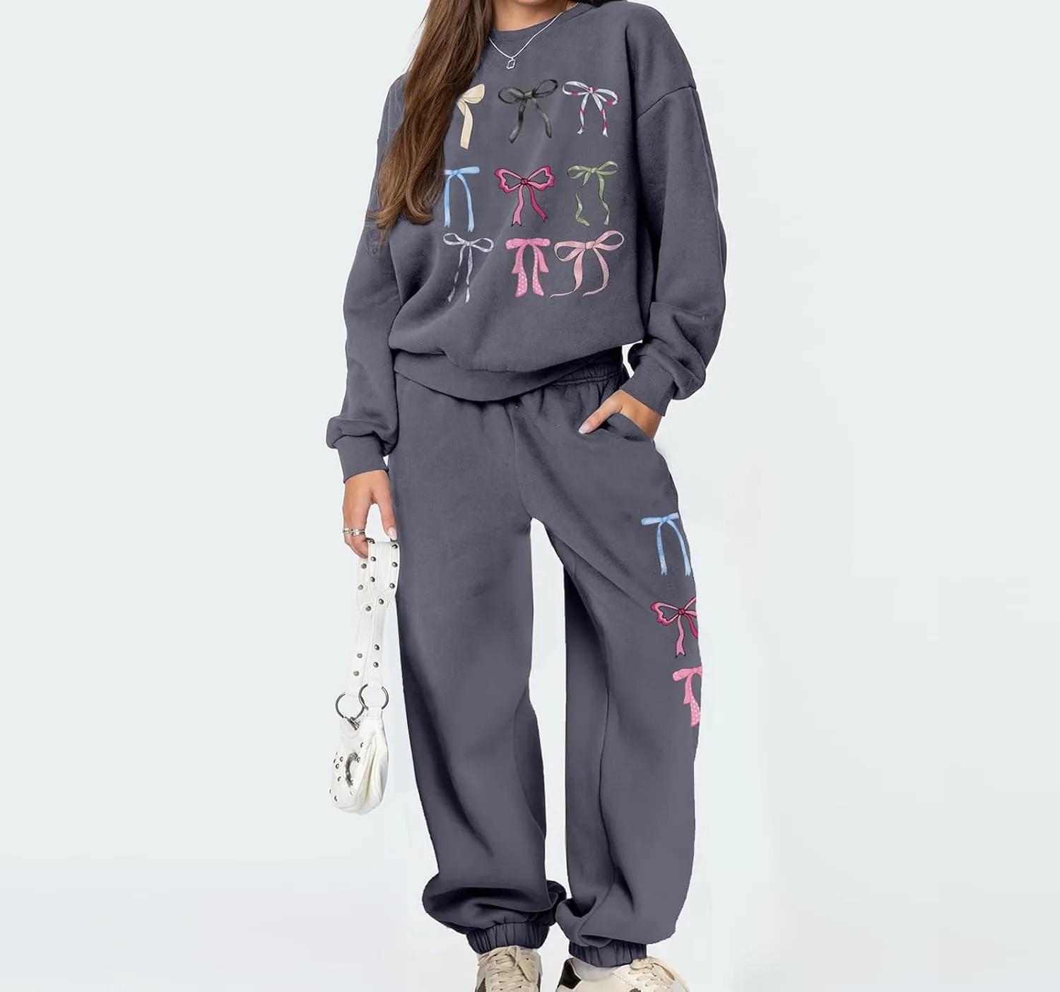 FOMOYUU Women's 2 Piece Outfits Bow Print Hoodie Wide Leg Sweatpants Sweatsuit Sets Oversized Sweatshirt With Pockets