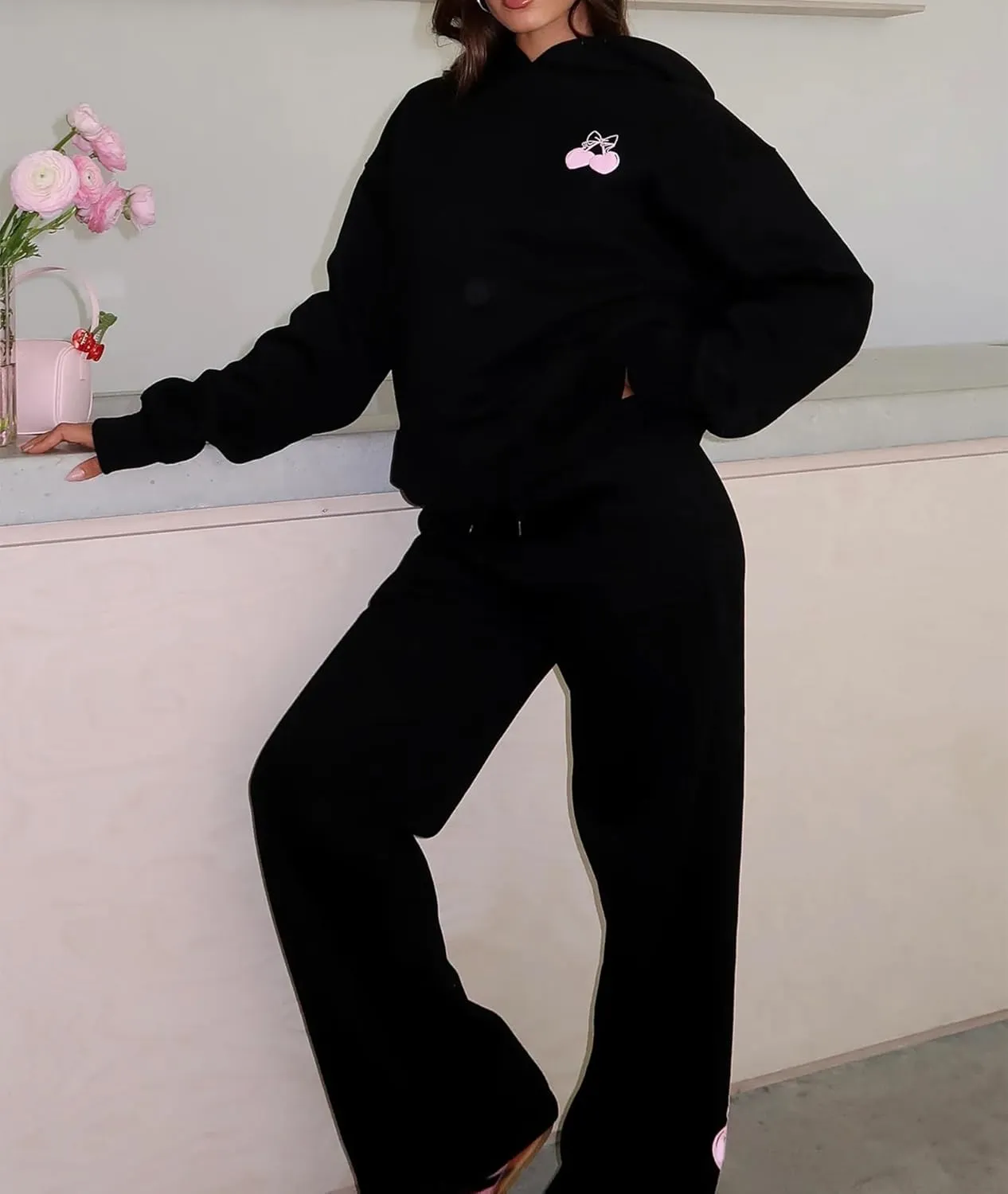 FOMOYUU Women's 2 Piece Outfits Bow Print Hoodie Wide Leg Sweatpants Sweatsuit Sets Oversized Sweatshirt With Pockets