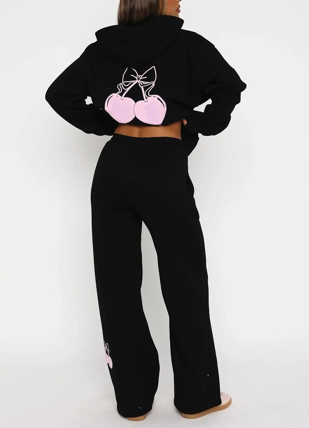 FOMOYUU Women's 2 Piece Outfits Bow Print Hoodie Wide Leg Sweatpants Sweatsuit Sets Oversized Sweatshirt With Pockets