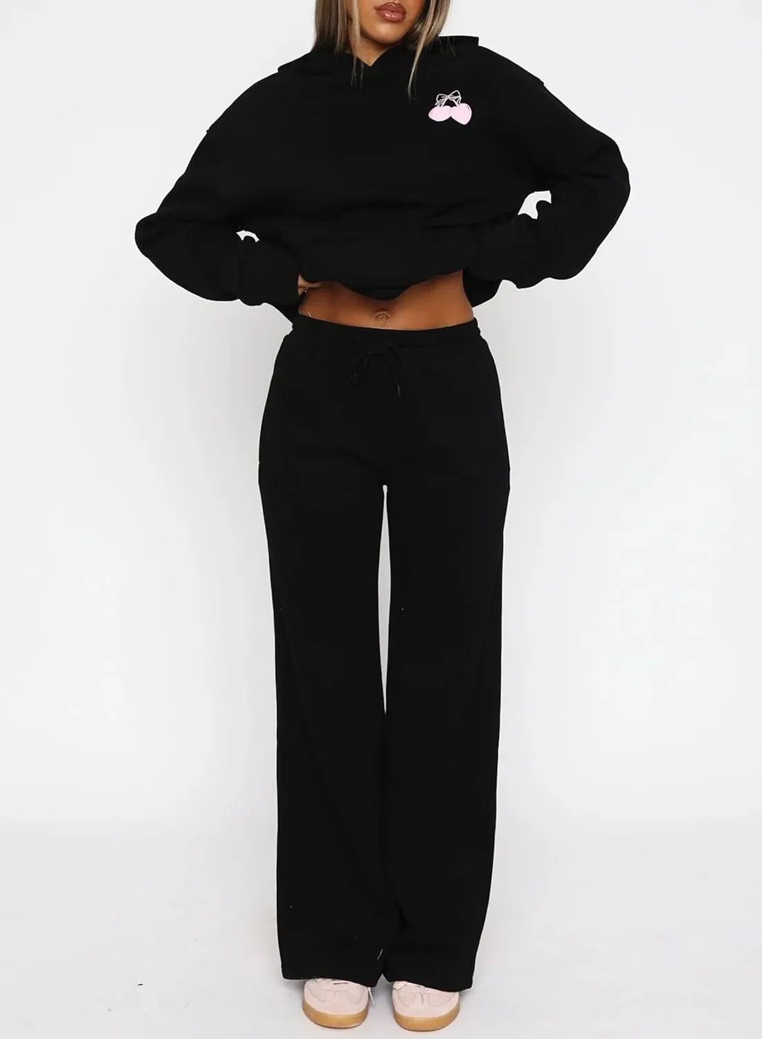 FOMOYUU Women's 2 Piece Outfits Bow Print Hoodie Wide Leg Sweatpants Sweatsuit Sets Oversized Sweatshirt With Pockets