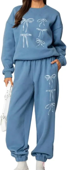 FOMOYUU Women's 2 Piece Outfits Bow Print Hoodie Wide Leg Sweatpants Sweatsuit Sets Oversized Sweatshirt With Pockets