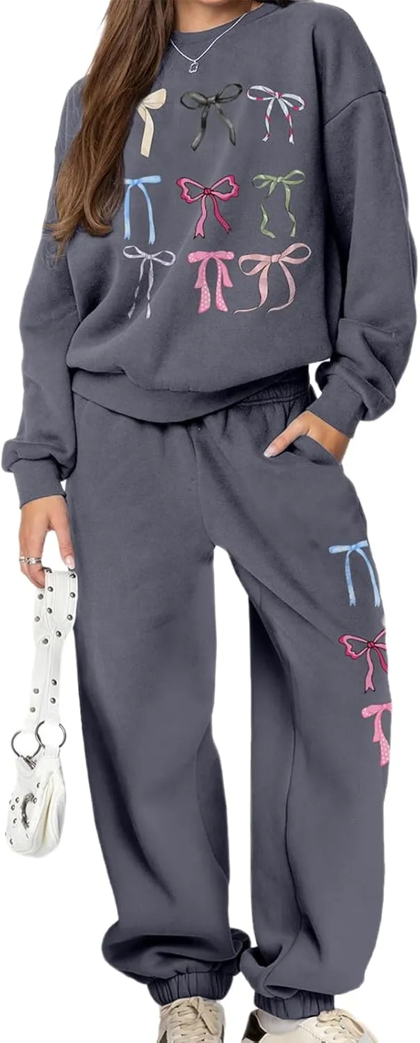 FOMOYUU Women's 2 Piece Outfits Bow Print Hoodie Wide Leg Sweatpants Sweatsuit Sets Oversized Sweatshirt With Pockets