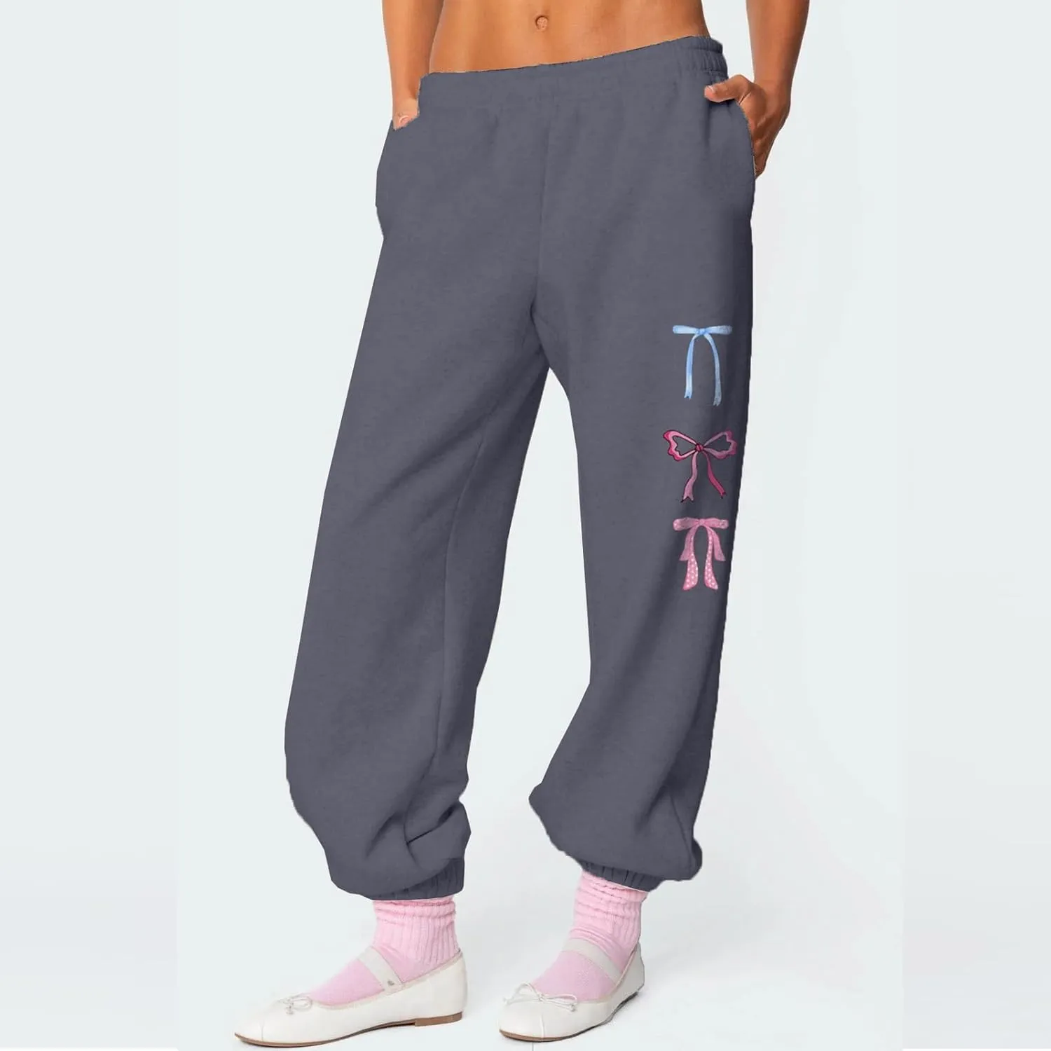 FOMOYUU Women's 2 Piece Outfits Bow Print Hoodie Wide Leg Sweatpants Sweatsuit Sets Oversized Sweatshirt With Pockets