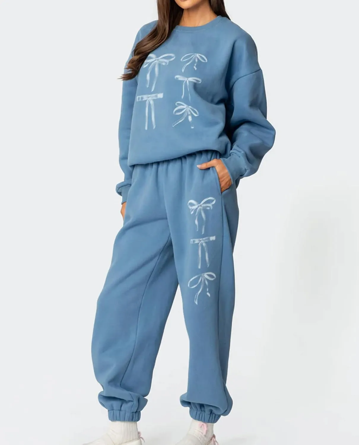 FOMOYUU Women's 2 Piece Outfits Bow Print Hoodie Wide Leg Sweatpants Sweatsuit Sets Oversized Sweatshirt With Pockets