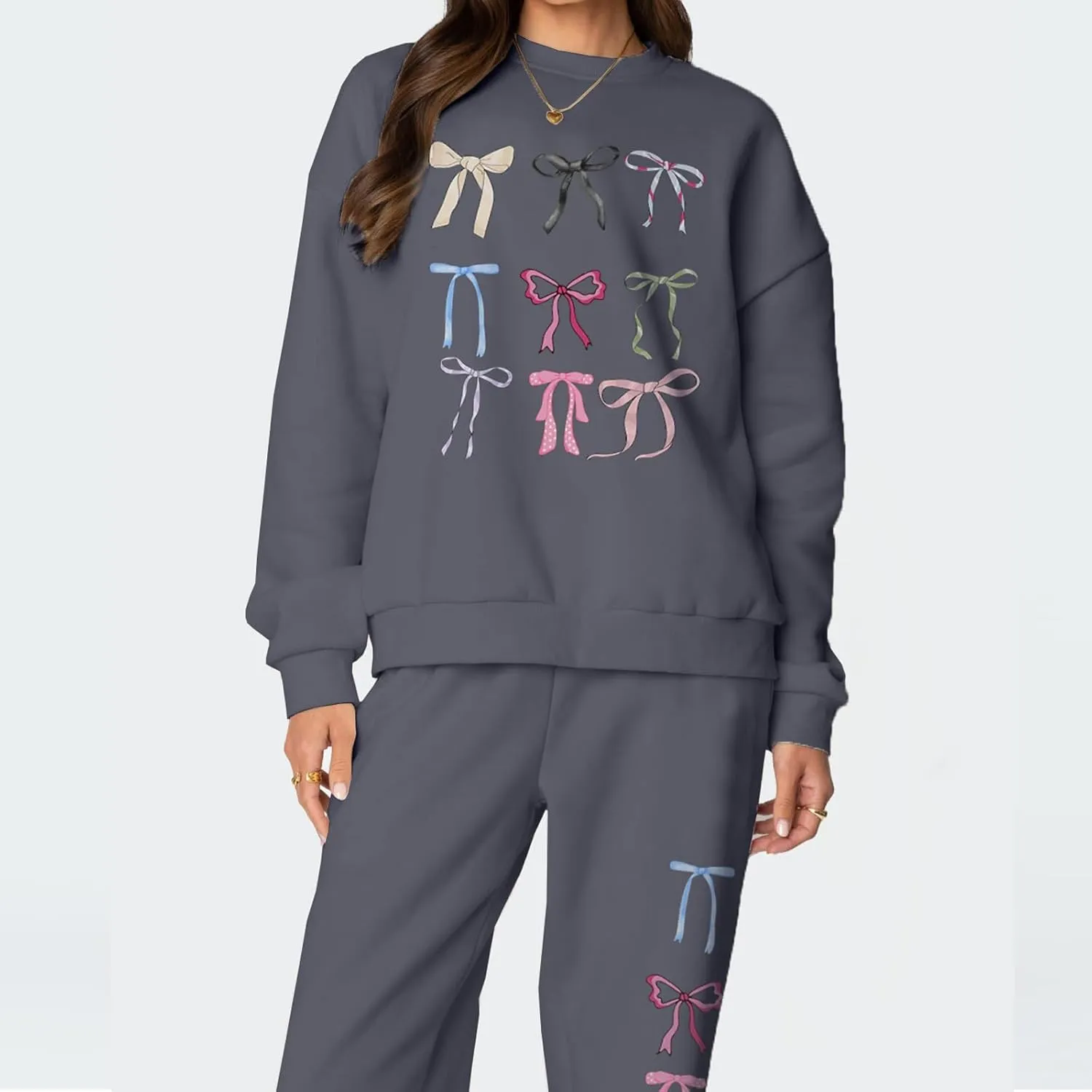 FOMOYUU Women's 2 Piece Outfits Bow Print Hoodie Wide Leg Sweatpants Sweatsuit Sets Oversized Sweatshirt With Pockets