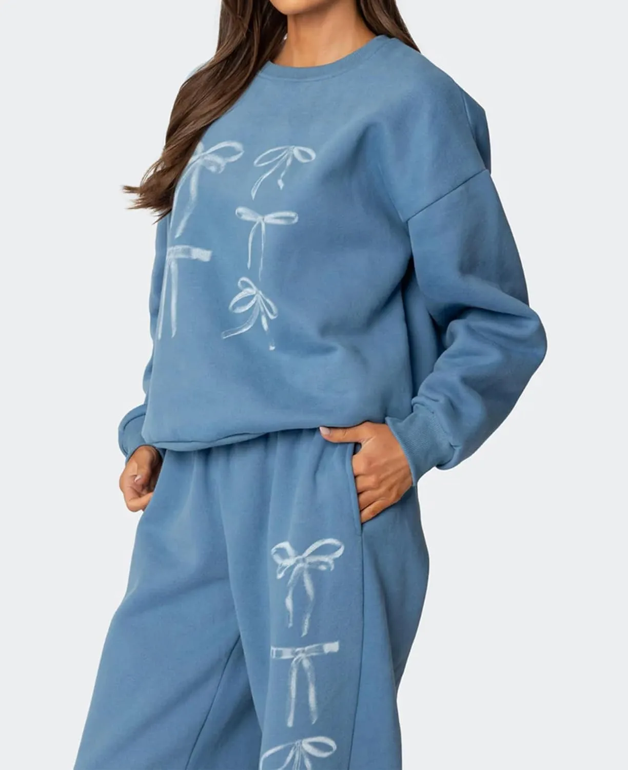 FOMOYUU Women's 2 Piece Outfits Bow Print Hoodie Wide Leg Sweatpants Sweatsuit Sets Oversized Sweatshirt With Pockets