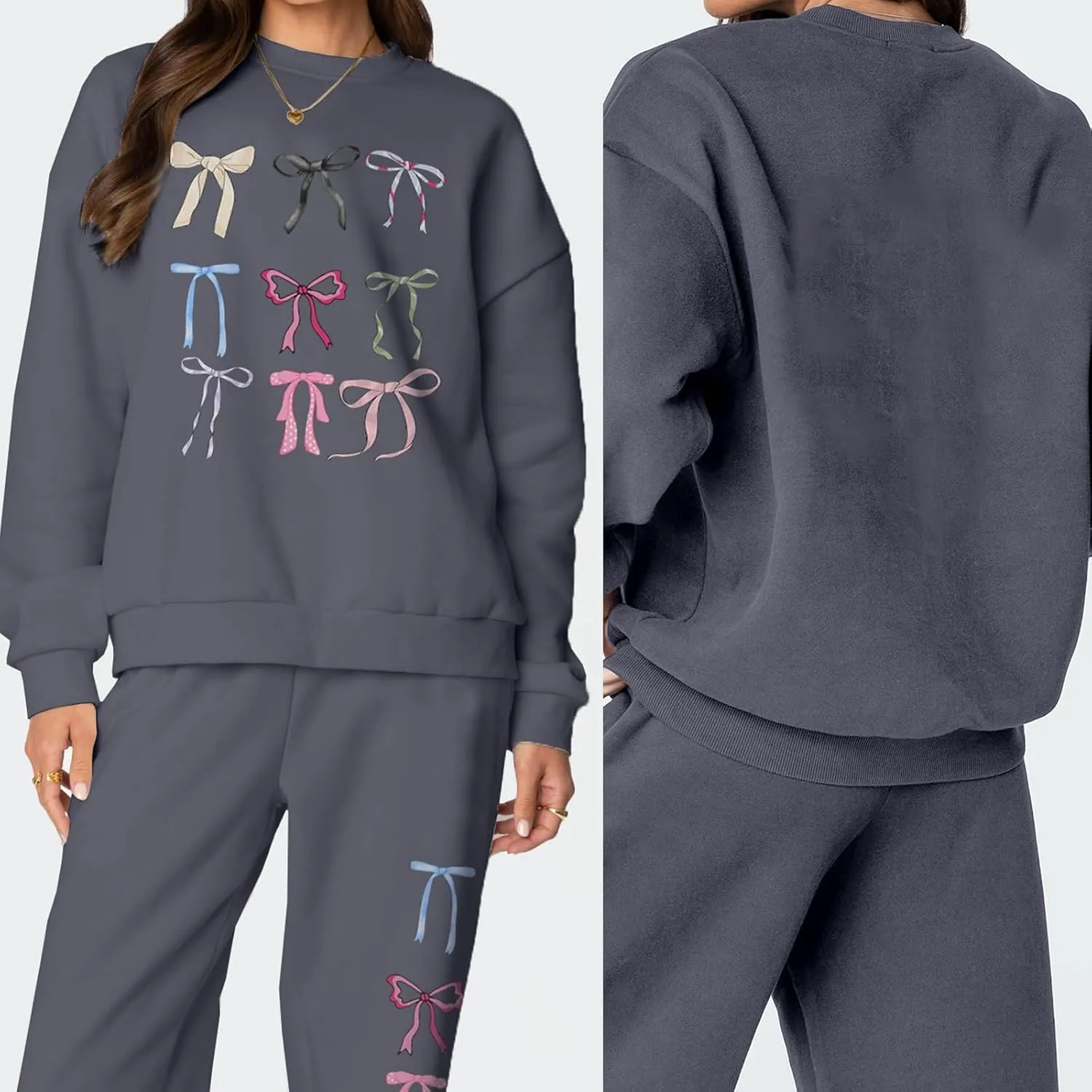 FOMOYUU Women's 2 Piece Outfits Bow Print Hoodie Wide Leg Sweatpants Sweatsuit Sets Oversized Sweatshirt With Pockets