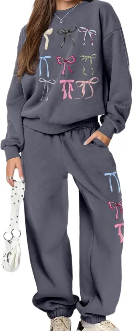 FOMOYUU Women's 2 Piece Outfits Bow Print Hoodie Wide Leg Sweatpants Sweatsuit Sets Oversized Sweatshirt With Pockets