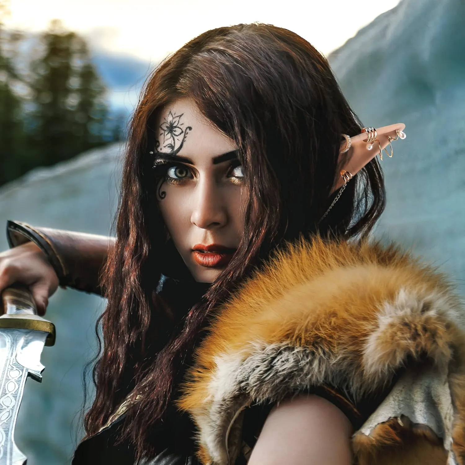 FRESHME Elf Ears with Earrings Set - 2 Pairs Fairy Pixie Soft Ears with Non-Piercing Moon Cuffs Earring