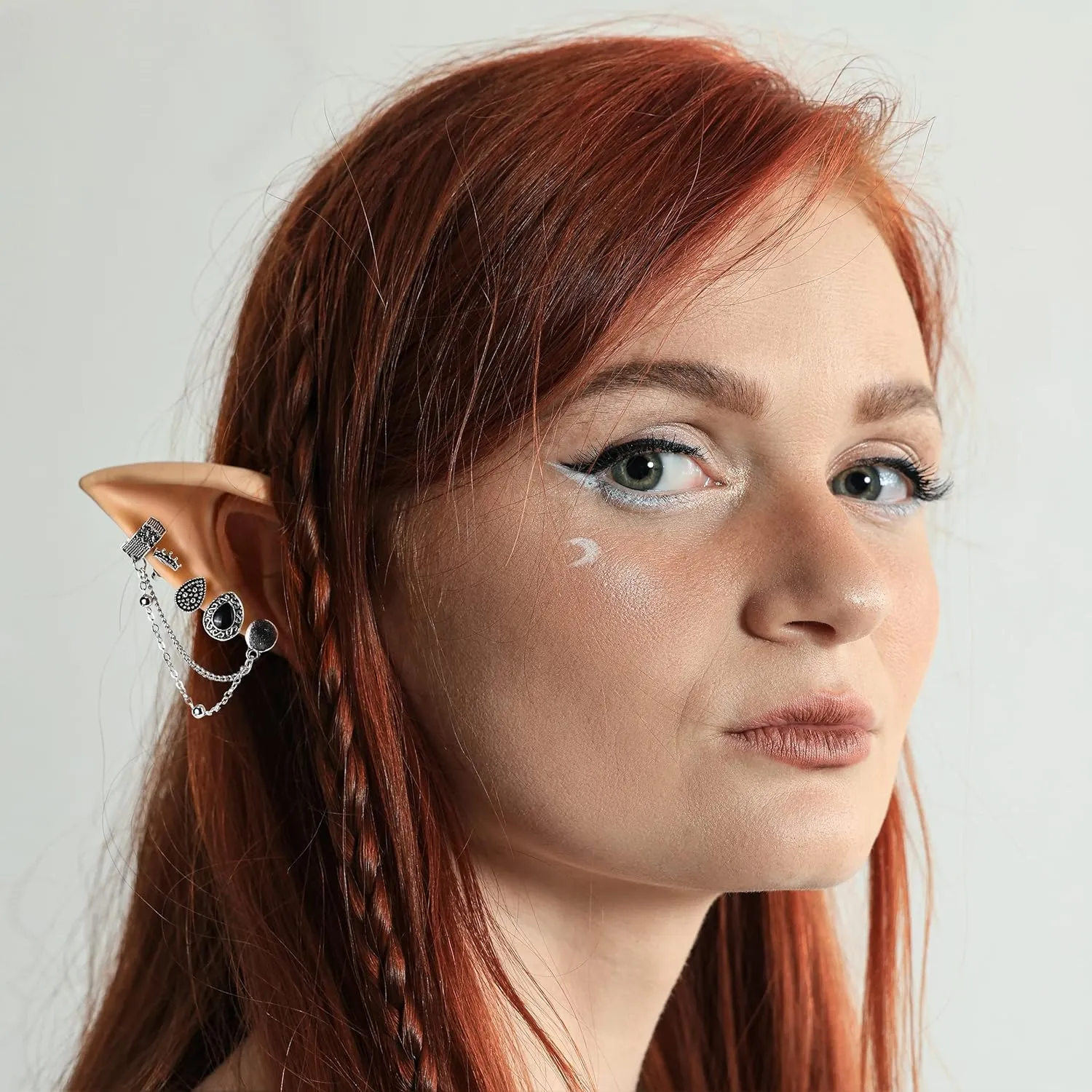 FRESHME Elf Ears with Earrings Set - 2 Pairs Fairy Pixie Soft Ears with Non-Piercing Moon Cuffs Earring