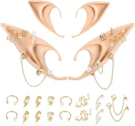 FRESHME Elf Ears with Earrings Set - 2 Pairs Fairy Pixie Soft Ears with Non-Piercing Moon Cuffs Earring