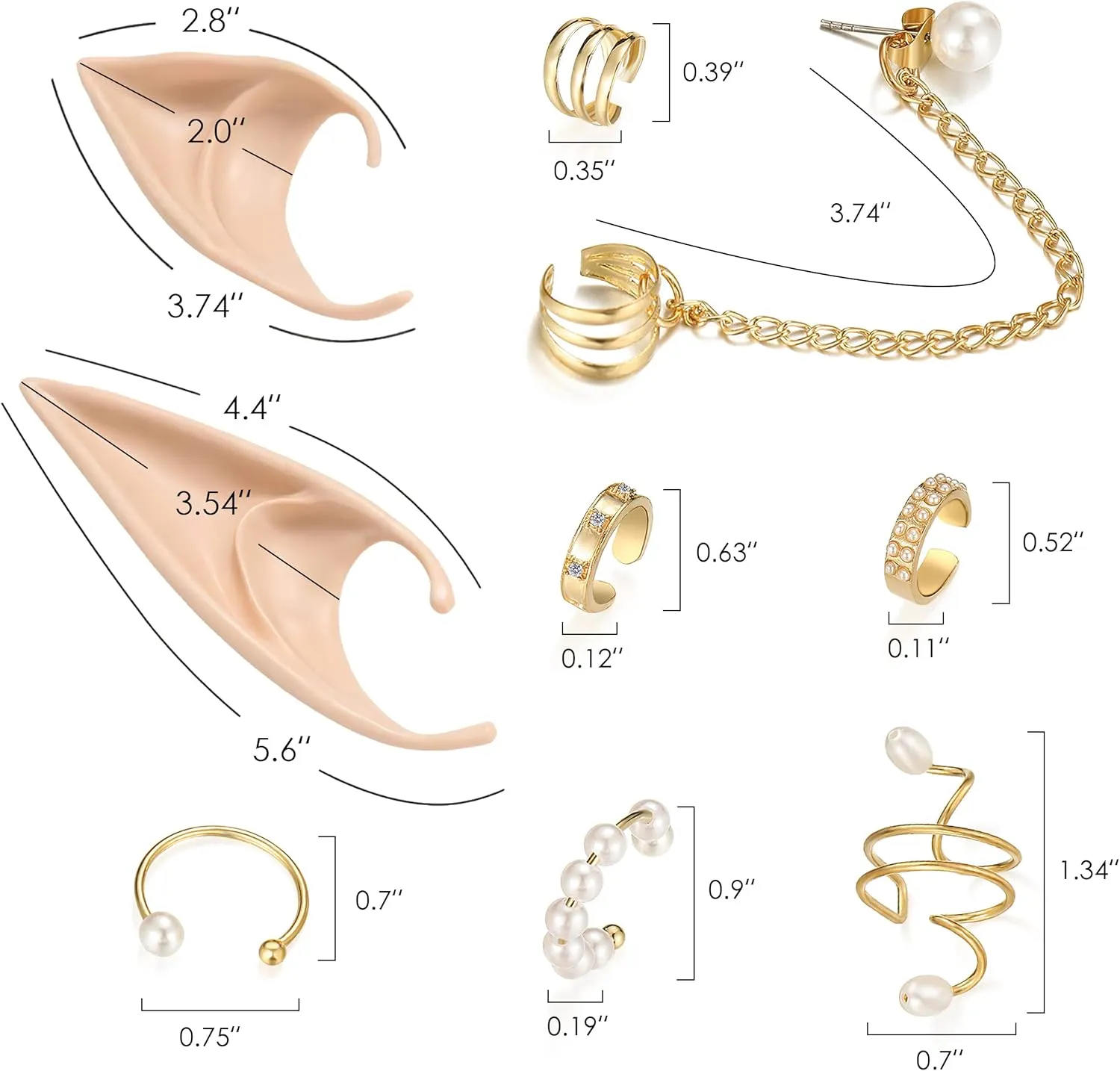 FRESHME Elf Ears with Earrings Set - 2 Pairs Fairy Pixie Soft Ears with Non-Piercing Moon Cuffs Earring