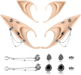 FRESHME Elf Ears with Earrings Set - 2 Pairs Fairy Pixie Soft Ears with Non-Piercing Moon Cuffs Earring