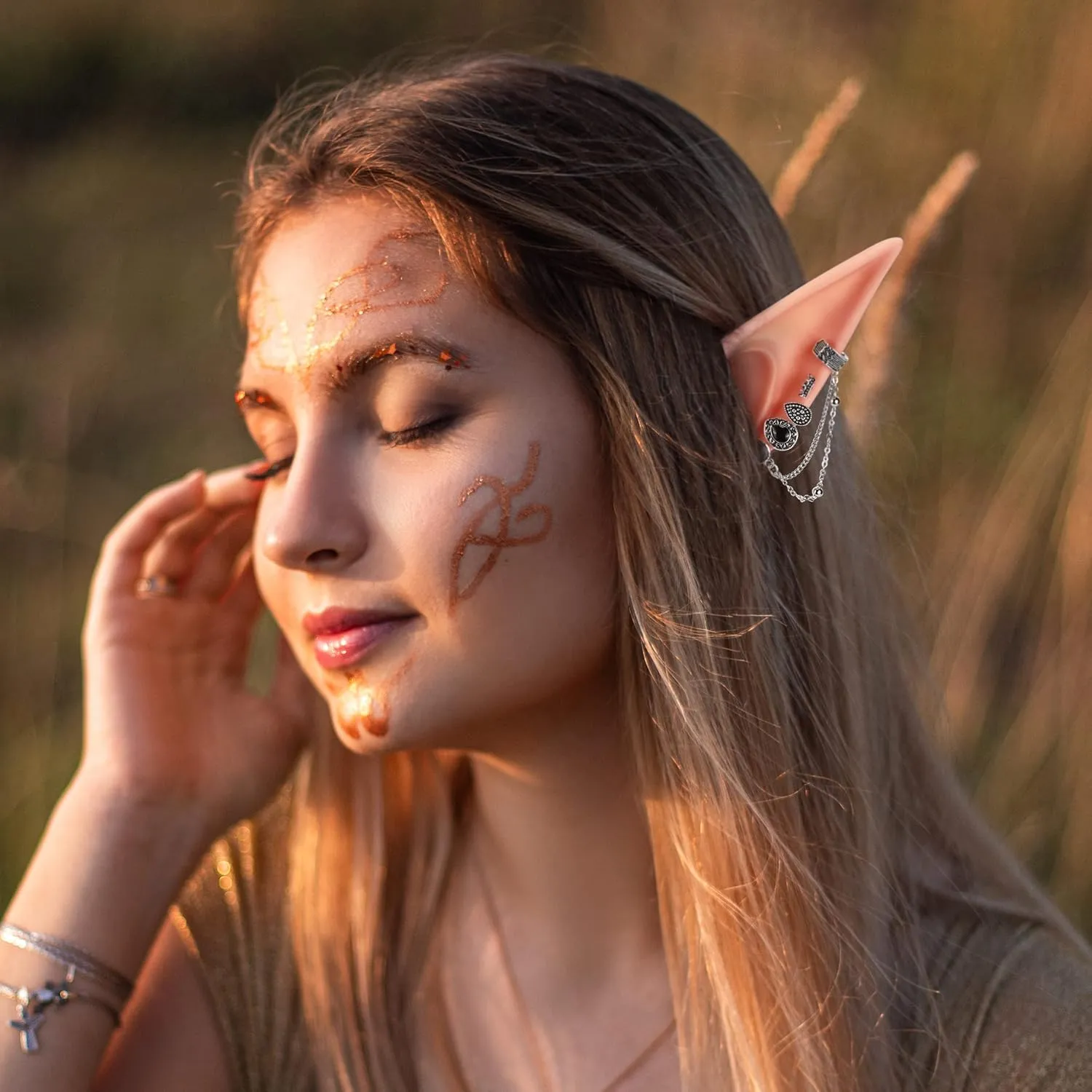 FRESHME Elf Ears with Earrings Set - 2 Pairs Fairy Pixie Soft Ears with Non-Piercing Moon Cuffs Earring