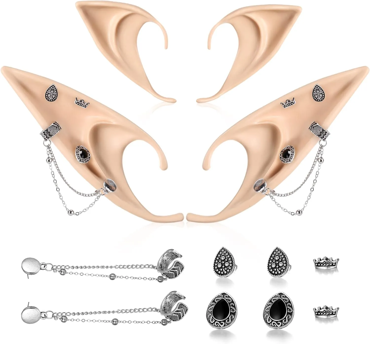 FRESHME Elf Ears with Earrings Set - 2 Pairs Fairy Pixie Soft Ears with Non-Piercing Moon Cuffs Earring