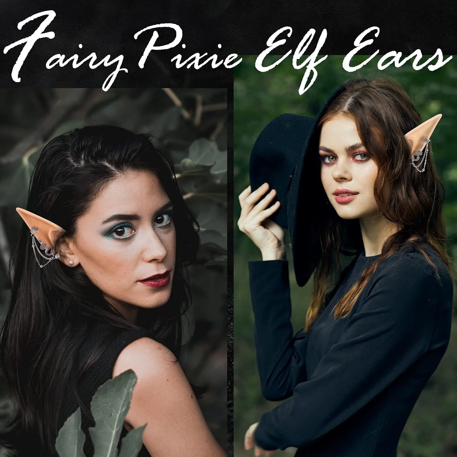 FRESHME Elf Ears with Earrings Set - 2 Pairs Fairy Pixie Soft Ears with Non-Piercing Moon Cuffs Earring