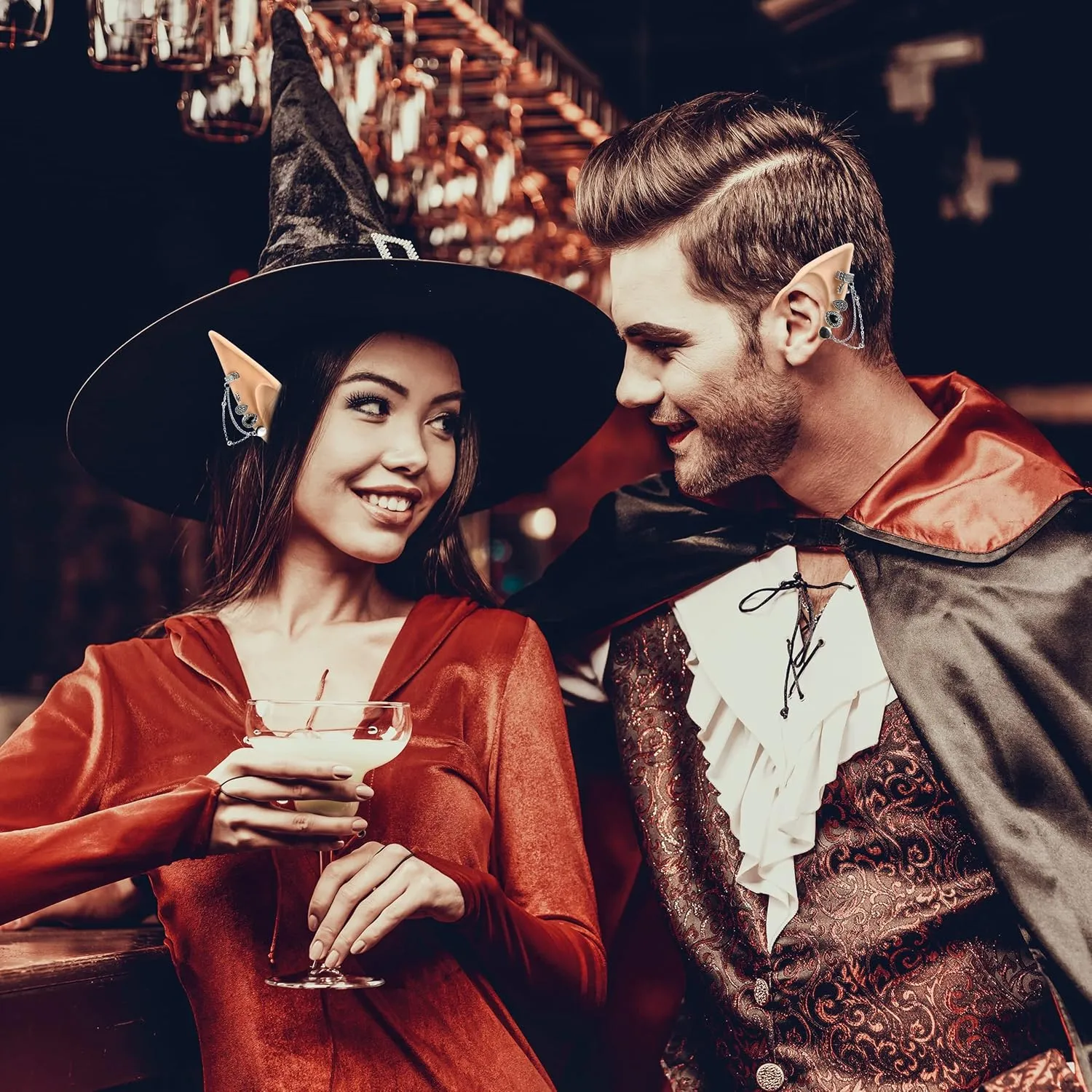 FRESHME Elf Ears with Earrings Set - 2 Pairs Fairy Pixie Soft Ears with Non-Piercing Moon Cuffs Earring