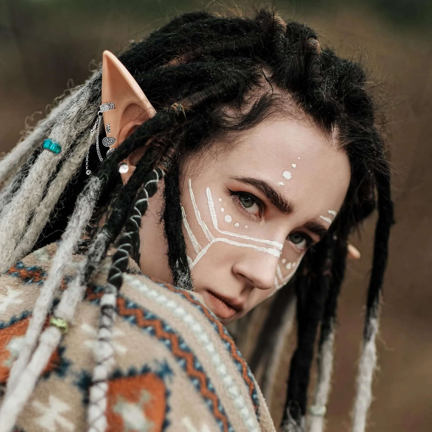 FRESHME Elf Ears with Earrings Set - 2 Pairs Fairy Pixie Soft Ears with Non-Piercing Moon Cuffs Earring