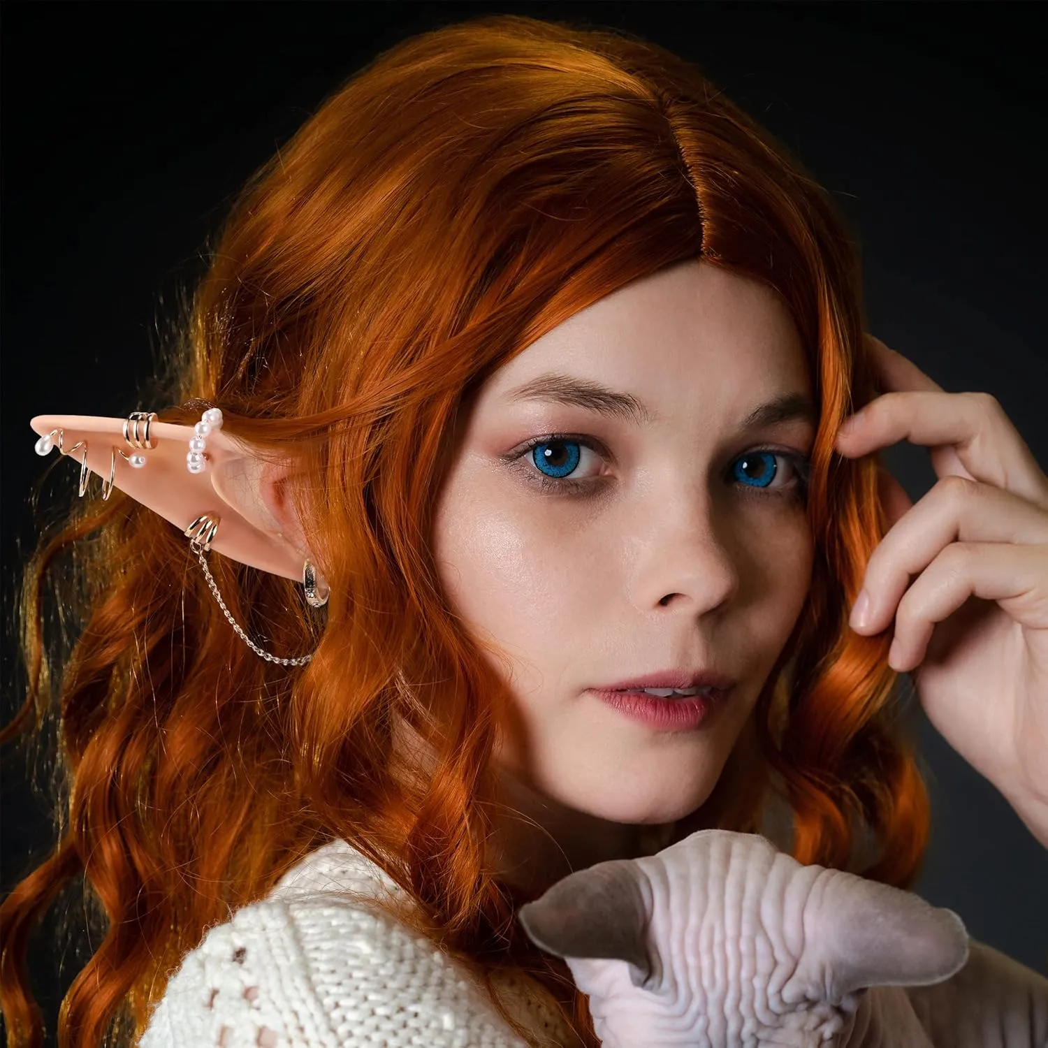 FRESHME Elf Ears with Earrings Set - 2 Pairs Fairy Pixie Soft Ears with Non-Piercing Moon Cuffs Earring