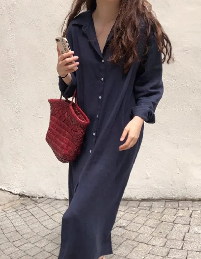 Hotmiss Womens Chic Button Down Rolled-Up Sleeve Long Cotton Blouse Shirt Dress Side Slit Maxi Dresses