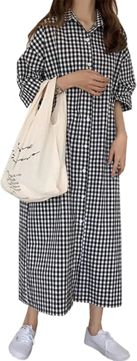 Hotmiss Womens Chic Button Down Rolled-Up Sleeve Long Cotton Blouse Shirt Dress Side Slit Maxi Dresses