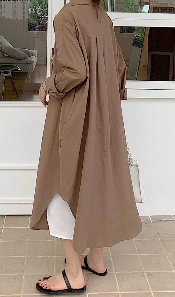 Hotmiss Womens Chic Button Down Rolled-Up Sleeve Long Cotton Blouse Shirt Dress Side Slit Maxi Dresses