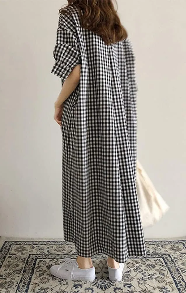 Hotmiss Womens Chic Button Down Rolled-Up Sleeve Long Cotton Blouse Shirt Dress Side Slit Maxi Dresses