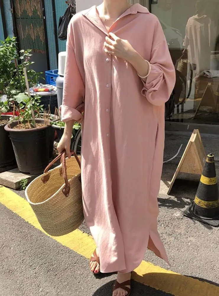 Hotmiss Womens Chic Button Down Rolled-Up Sleeve Long Cotton Blouse Shirt Dress Side Slit Maxi Dresses