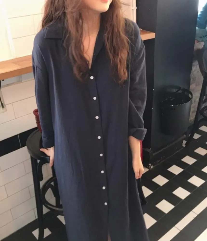 Hotmiss Womens Chic Button Down Rolled-Up Sleeve Long Cotton Blouse Shirt Dress Side Slit Maxi Dresses