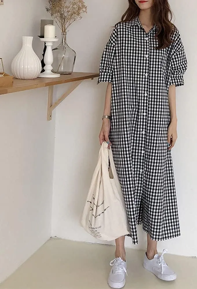 Hotmiss Womens Chic Button Down Rolled-Up Sleeve Long Cotton Blouse Shirt Dress Side Slit Maxi Dresses
