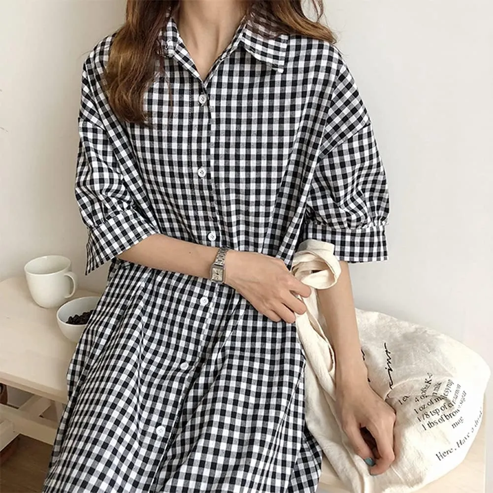 Hotmiss Womens Chic Button Down Rolled-Up Sleeve Long Cotton Blouse Shirt Dress Side Slit Maxi Dresses