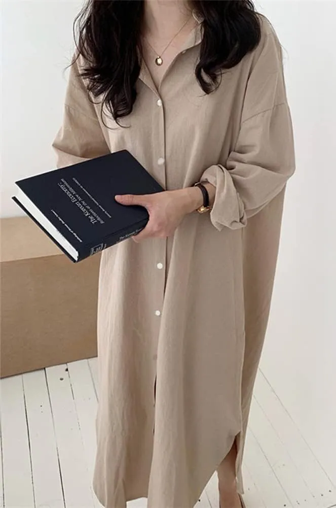 Hotmiss Womens Chic Button Down Rolled-Up Sleeve Long Cotton Blouse Shirt Dress Side Slit Maxi Dresses