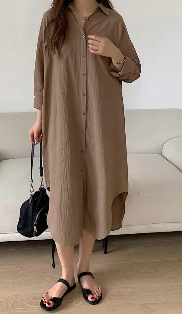 Hotmiss Womens Chic Button Down Rolled-Up Sleeve Long Cotton Blouse Shirt Dress Side Slit Maxi Dresses