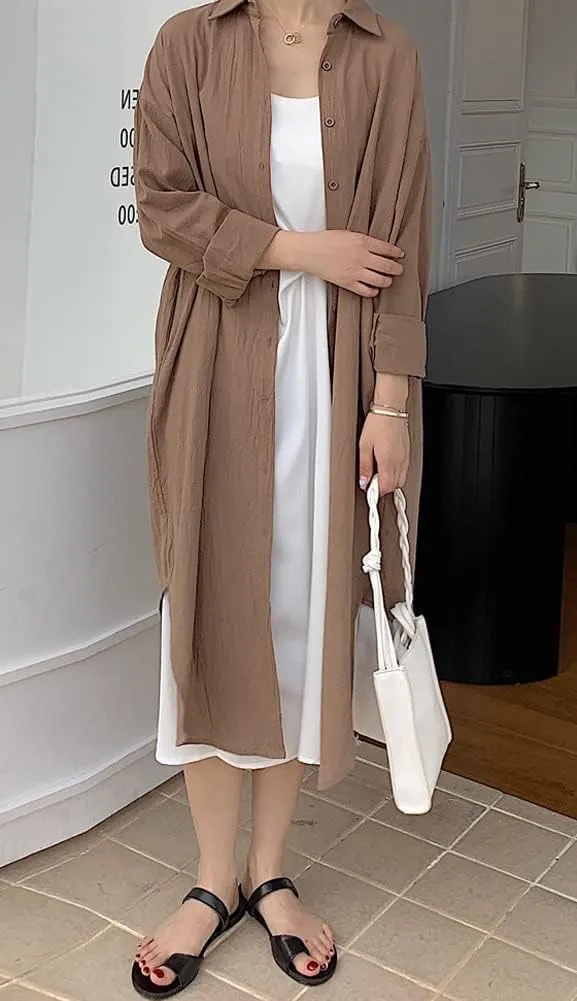 Hotmiss Womens Chic Button Down Rolled-Up Sleeve Long Cotton Blouse Shirt Dress Side Slit Maxi Dresses