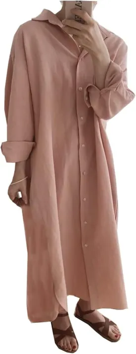 Hotmiss Womens Chic Button Down Rolled-Up Sleeve Long Cotton Blouse Shirt Dress Side Slit Maxi Dresses