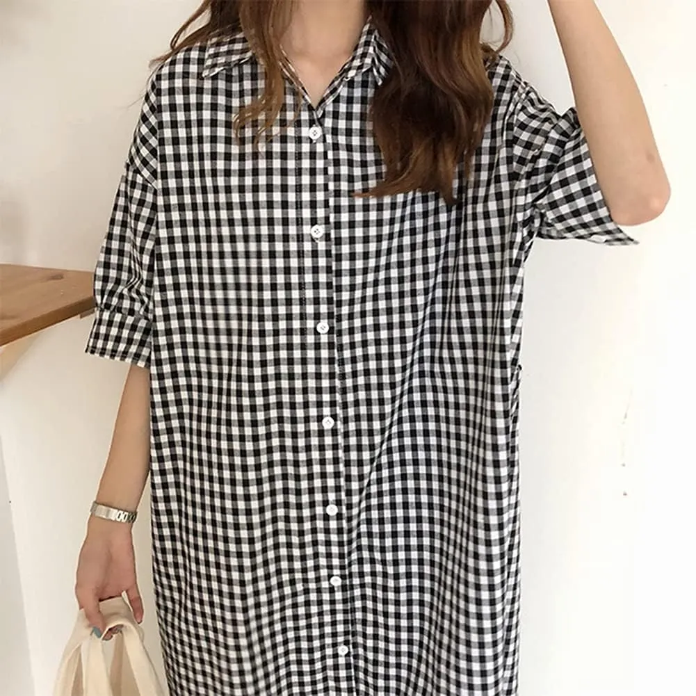 Hotmiss Womens Chic Button Down Rolled-Up Sleeve Long Cotton Blouse Shirt Dress Side Slit Maxi Dresses