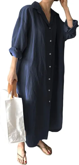 Hotmiss Womens Chic Button Down Rolled-Up Sleeve Long Cotton Blouse Shirt Dress Side Slit Maxi Dresses