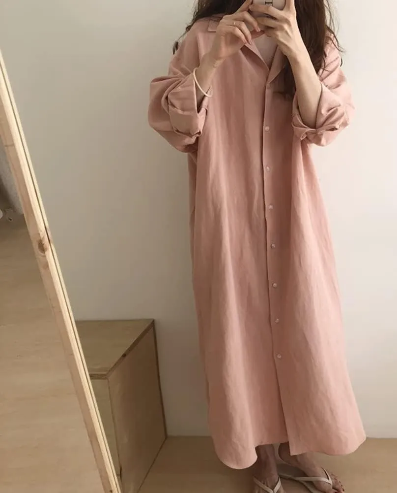 Hotmiss Womens Chic Button Down Rolled-Up Sleeve Long Cotton Blouse Shirt Dress Side Slit Maxi Dresses