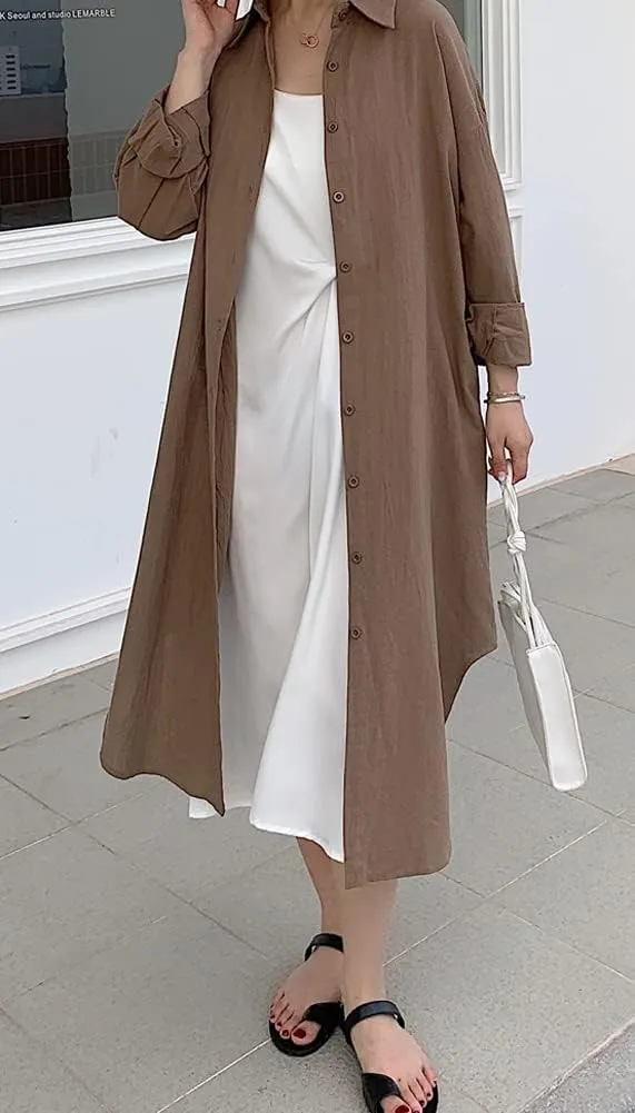 Hotmiss Womens Chic Button Down Rolled-Up Sleeve Long Cotton Blouse Shirt Dress Side Slit Maxi Dresses