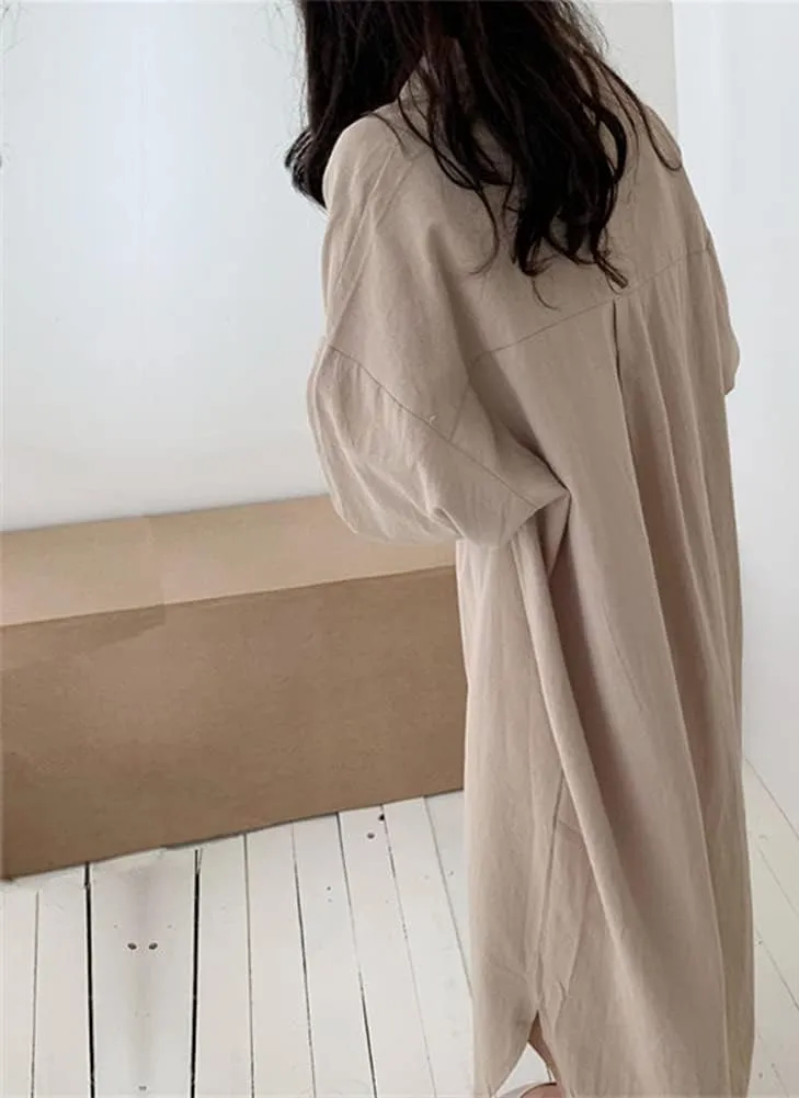Hotmiss Womens Chic Button Down Rolled-Up Sleeve Long Cotton Blouse Shirt Dress Side Slit Maxi Dresses