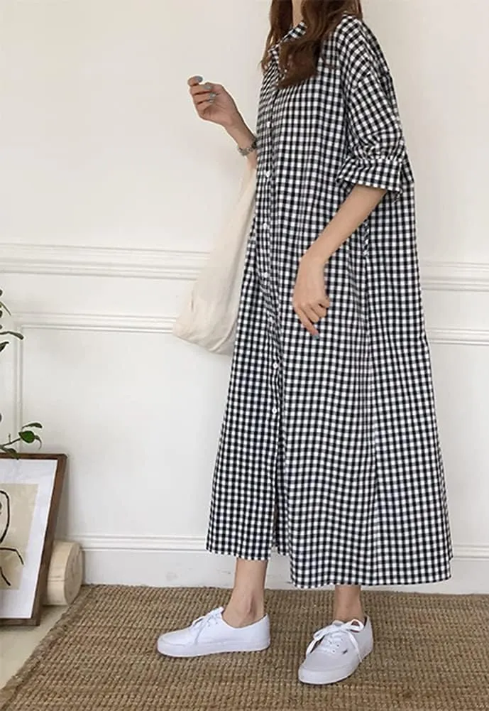 Hotmiss Womens Chic Button Down Rolled-Up Sleeve Long Cotton Blouse Shirt Dress Side Slit Maxi Dresses